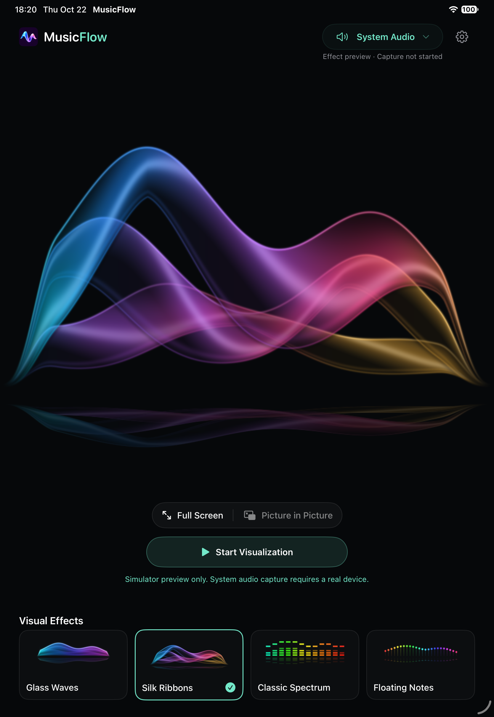 iPad 上的 MusicFlow 暗色界面,展示大幅流光丝带预览与四种效果选择。