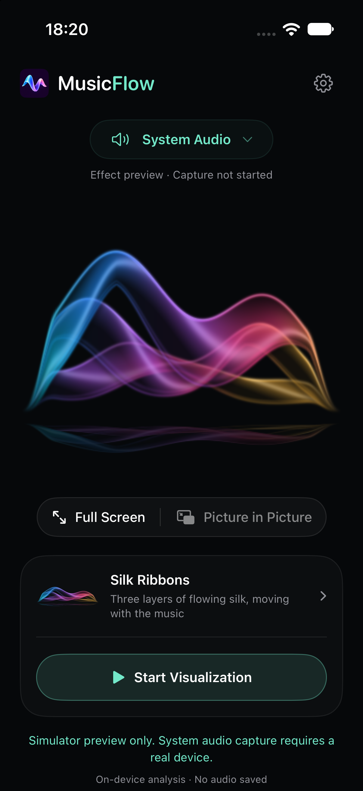 iPhone 上的 MusicFlow 暗色界面,展示流光丝带预览、系统音频输入与全屏控件。